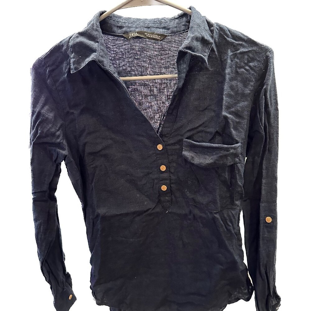 Zara Navy Linen Shirt (Size XS)